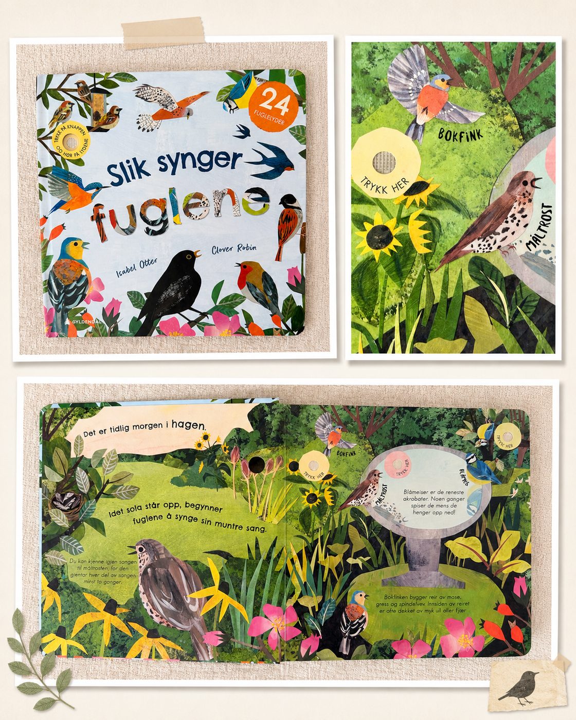 Fugleboken Slik synger fuglene, forside og et oppslag med trykk-knapper og fugler i collage
